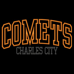 Comets Applique- Orange glitter inside the comets with orange embrodiery and black embroidery text on Colorblock Crew Design