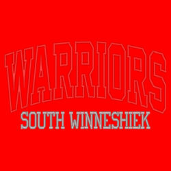 Warriors Applique- Red glitter inside the Warriors with Red embrodiery and Grey embroidery text on Colorblock Crew Design