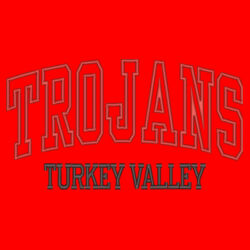 Trojans Applique- Red glitter inside the Trojans with Red embrodiery and Black embroidery text on Colorblock Crew Design