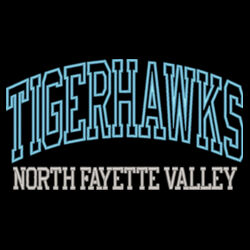  Tigerhawks Applique- Blue glitter inside the  Tigerhawks with Blue embrodiery and grey embroidery text on Colorblock Crew Design