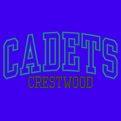 Cadets Applique- Blue glitter inside the Cadets with Blue embrodiery and Black embroidery text on Colorblock Crew Design