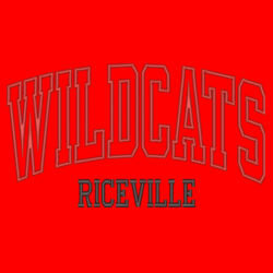 Riceville Applique- Red glitter inside the Riceville with Red embrodiery and Black embroidery text on Colorblock Crew Design