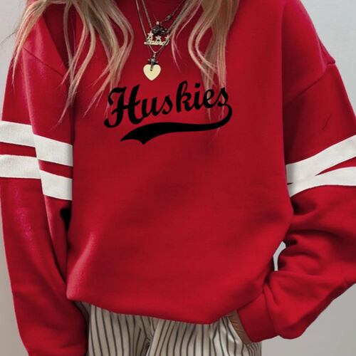 Huskies Black  Puffy Cut Vinyl- Varsity Stripe Color Block Drop Shoulder Sweatshirt Thumbnail