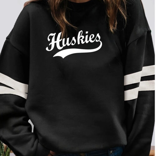 Huskies White Puffy Cut Vinyl- Varsity Stripe Color Block Drop Shoulder Sweatshirt Thumbnail