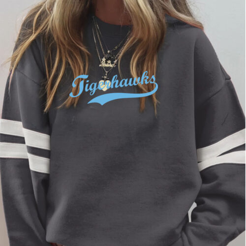 Tigerhawks Light Blue Puffy Cut Vinyl- Varsity Stripe Color Block Drop Shoulder Sweatshirt Thumbnail