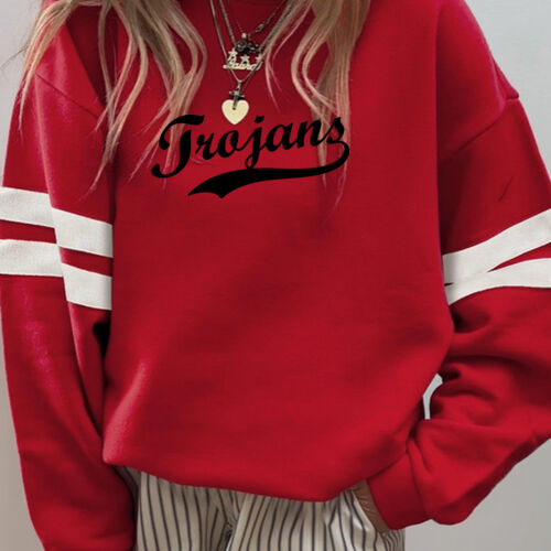 Trojans Black Puffy Cut Vinyl- Varsity Stripe Color Block Drop Shoulder Sweatshirt Thumbnail