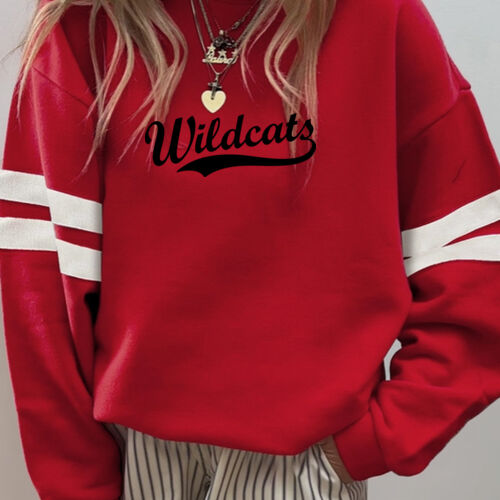 Wildcats Black Puffy Cut Vinyl- Varsity Stripe Color Block Drop Shoulder Sweatshirt Thumbnail