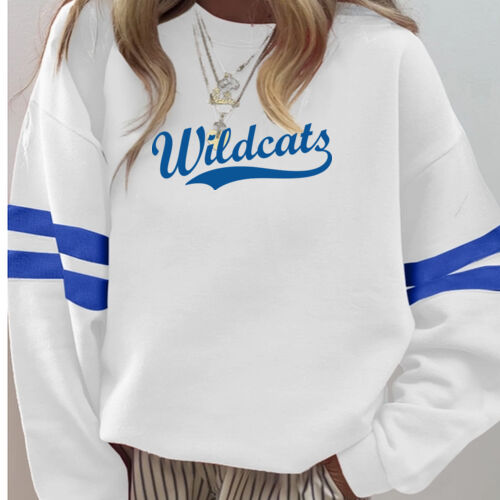 Wildcats Blue Puffy Cut Vinyl- Varsity Stripe Color Block Drop Shoulder Sweatshirt Thumbnail