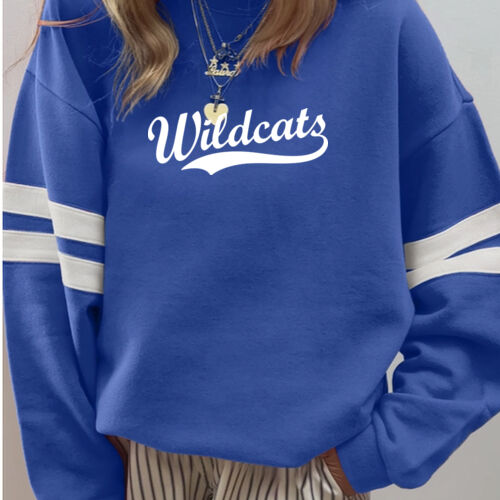 Wildcats White Puffy Cut Vinyl- Varsity Stripe Color Block Drop Shoulder Sweatshirt Thumbnail