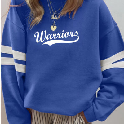 Warriors White Puffy Cut Vinyl- Varsity Stripe Color Block Drop Shoulder Sweatshirt Thumbnail