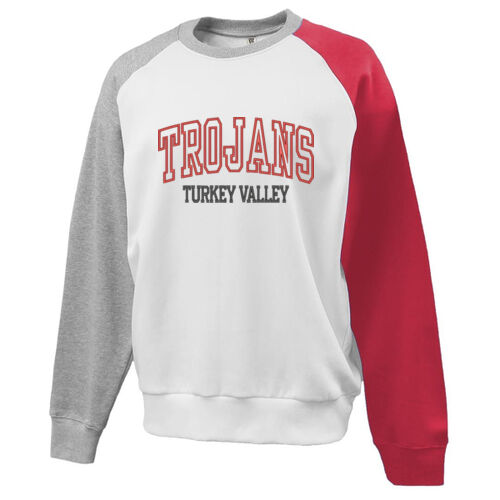 Trojans Applique- Red glitter inside the Trojans with Red embrodiery and Black embroidery text on Colorblock Crew Thumbnail