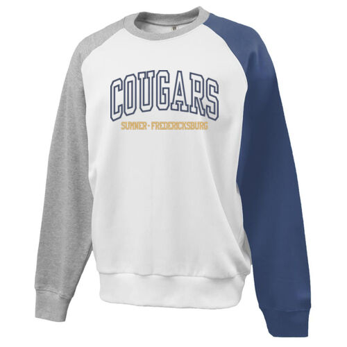 Cougars Applique- Navy glitter inside the Cougars with Navy embrodiery and Gold embroidery text on Colorblock Crew Thumbnail