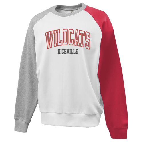 Riceville Applique- Red glitter inside the Riceville with Red embrodiery and Black embroidery text on Colorblock Crew Thumbnail